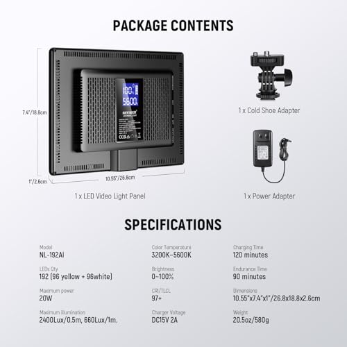 NEEWER 192 LED Video Light Panel, 20W Ultra Thin Bi Color Dimmable DSLR Camera Soft Light, 8000mAh Built in Lithium Battery, 3200-5600K CRI97+, Key Lighting for Studio Photography Recording Streaming