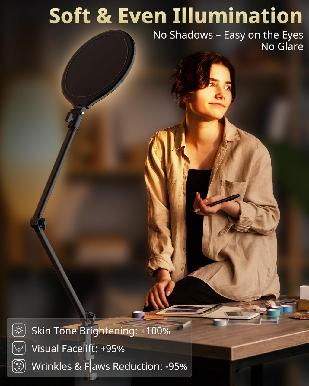 UBeesize 10" Key Light for Streaming, Desk Ring Light with Adjustable Arm, Zoom Lighting for Home Office, Gaming, Podcast, Video Calls, and Recording